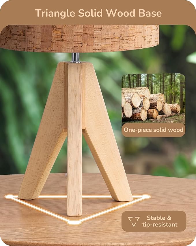 EDISHINE Small Table Lamp, Wood Tripod Nightstand Lamp, Bark Linen Shade | 14.2 Inch, Farmhouse Bedside Lamp for Nursery, Bedroom, Kids Room, Office, Reading Desk, E26 Socket, ON/Off Switch