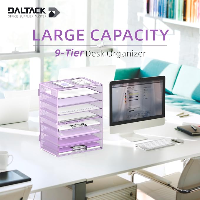 9-Tier Paper Organizer for Desk, Metal Letter Tray with Handles, Purple | Desk File Organizer with Removable Trays for Sorting Files, Folders, Mail and Printer Paper at Home, School or Office