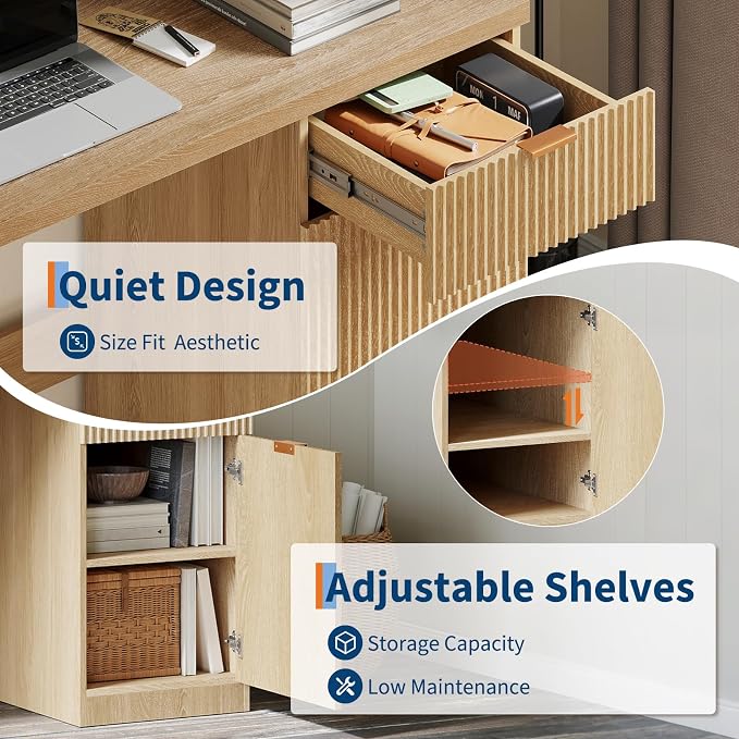 IDEALHOUSE Fluted Executive Desk with Drawers, 60" Modern Home Office Desk | with Storage Cabinet, Wood Fluted Computer Desks Workstation for Working, Studying, Writing, Natural Oak