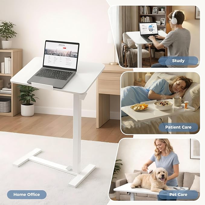 DUMOS Overbed Table with Wheels, Height-Adjustable Bedside Table, White | Rolling standing desk with Pneumatic Lift, Portable mobile desk for Bed, Couch, Office, Sofa