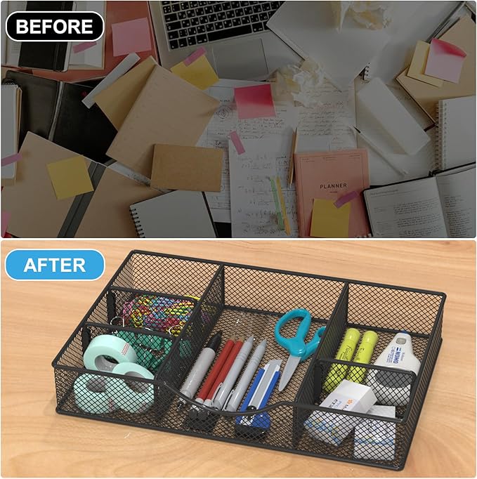 VyGrow Desk Drawer Organizer Tray, Metal Mesh Drawer Organizers Office, 6 Adjustable Compartment, Desk Organizer Tray for Home Office 12 x 8.26 x 1.96 inch, Black, 1 Pack