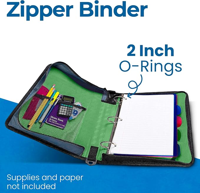Case-it School Zipper Binder | 2" O-Rings | 350-Sheet | D-251 Canopy Green | Classic, Multiple Storage Pockets, Shoulder Strap, School & Office Organizer