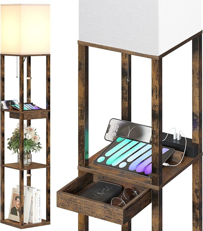 SUNMORY Floor Lamp with Shelves, Modern Dimmable Standing Lamp with Drawer & 2 USB Ports & 2 Power Outlet, Corner Tall Shelf Lamp for Living Room and Bedroom (Rustic Browm) | 1 Drawer & 2 USB Ports & 2 Power Outlet, 3 CTT Bulb, Modern Dimmable Standing...