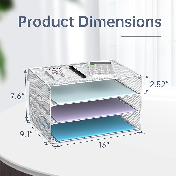 DALTACK 3 Tier Letter Tray Paper Organizer with Sliding Trays 2 Pack White | Metal Mesh File Organizer with Sliding Trays for Letter and A4 Paper, Mail, Bills, Folders and Office Documents