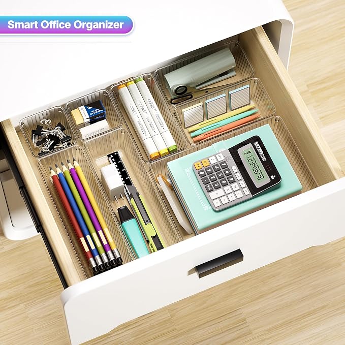 15 PCS Clear Plastic Drawer Organizer Set, Makeup Organizer Trays | 4-Size Desk Drawer Divider, Bathroom Organizers and Storage Bins for Makeup, Jewelry, Gadgets, Office, Kitchen, Bedroom