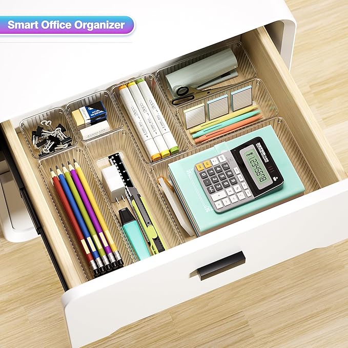 47 PCS Clear Plastic Drawer Organizer Set, Makeup Organizer Trays | 4-Size Desk Drawer Divider, Bathroom Organizers and Storage Bins for Makeup, Jewelry, Gadgets, Office, Kitchen, Bedroom