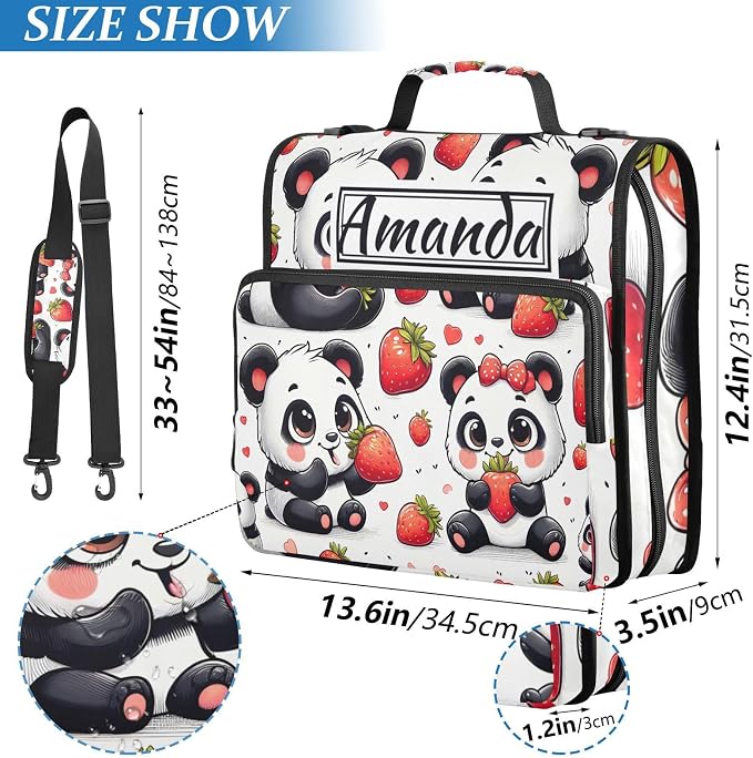 Custom 3 Ring Zipper Binder Panda Red Strawberry Personalized Name 1.5 inch Binders Large Capacity Multi Pockets for School Office Supplies