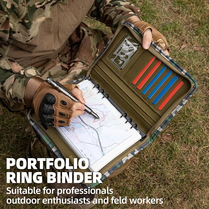 Kosibate Padfolio Ring Binder with 80 Sheets 160 Pages of Loose-Leaf Paper, Weatherproof Notebook Cover, Tactical Notebook with Zippered for Folders,Refillable 6-Ring Notepad(Camouflage,7.3"x10.1")