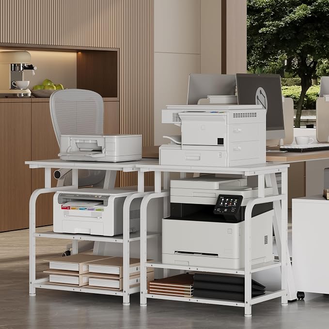 Unionly Large Rolling Printer Stand with Height Adjustable Shelf and Wheels | 3-Tier Rolling Printer Cart with Wheels, Heavy-Duty Wood Printer Table with strudy steel frame for Home Office,White