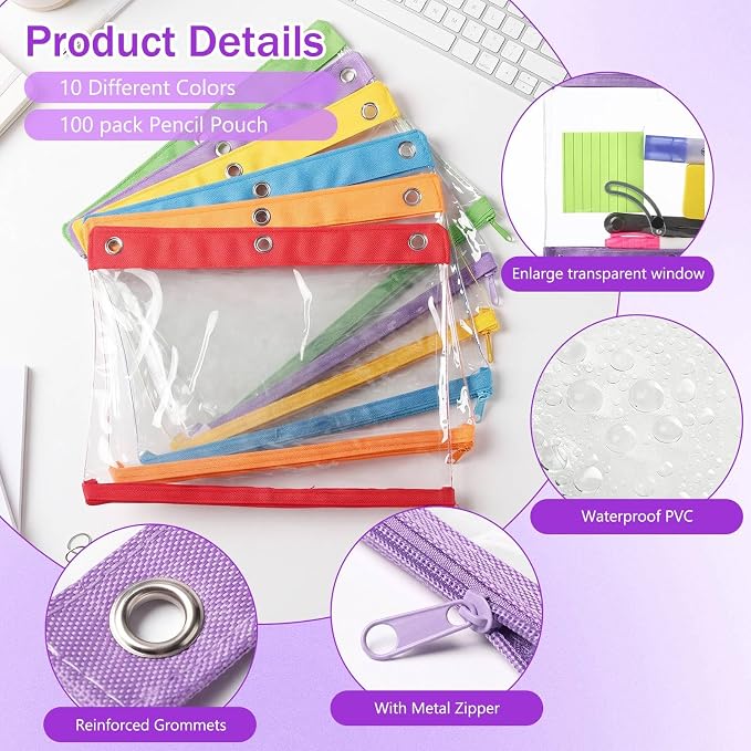 24 Pack Pencil Pouches for 3 Ring Binder Bulk Enlarge Clear Window Pencil Pouches Zipper Pen Case 3 Reinforced Grommet Pen Bag for Binder Utensil Organize Office Supplies(Rainbow Color Series)