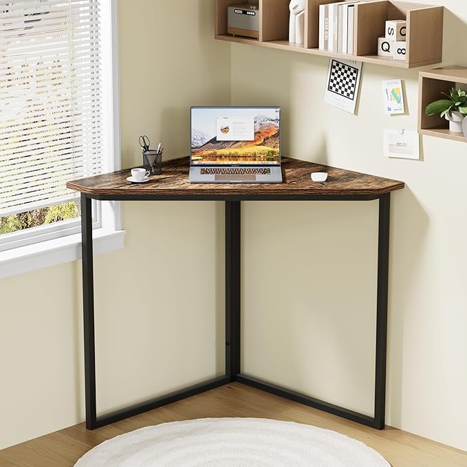 VECELO Corner Desk,Office Tables for Living Room for Small Space Triangle Computer Desk with Steel Frame Corner Shelves with Metal Frame Writing Desk for Workstation Classic Rustic Brown 33.1"
