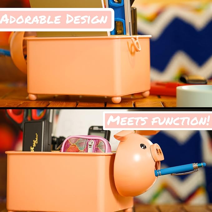 Desk Organizer, 1-5 Module Compartments - Storage for Stationery Supplies, Accessories, brushes - Home, Office, School, Dorm, Studio - Build in Pen & Pencil Holder (Pink Pig)