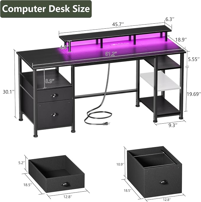 Furologee 61" Gaming Desk with Outlets & LED, Large Computer Desk, Black | AC Outlets & USB, Ergonomic Monitor Stand, Drawer & File Cabinet, Adjustable Shelf, Reversible Table for Bedroom, Dorm