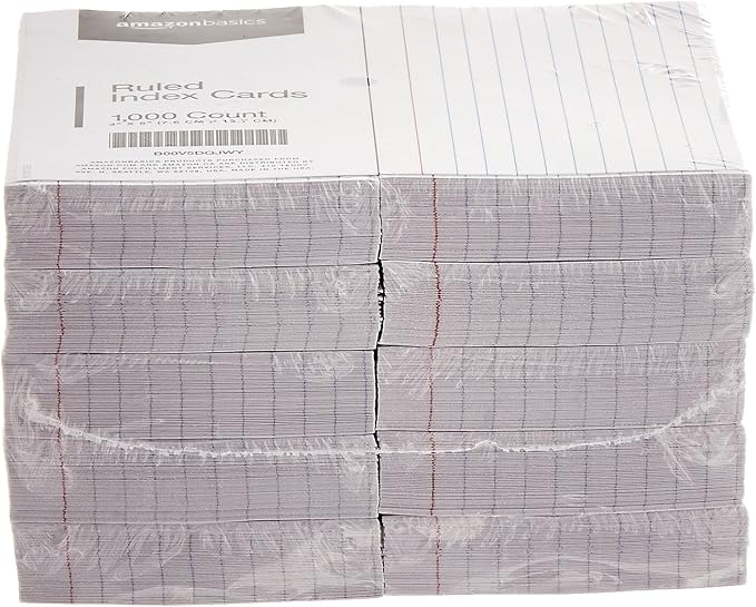 Amazon Basics Ruled Lined Index Cards for Study, Notes and Recipes, White, 3" x 5", 1000 Count (Pack of 100)