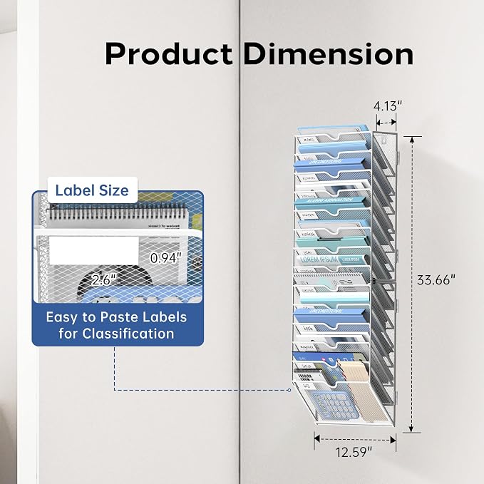 14-Tier Wall File Organizer and Hanging File Organizer, White | Wall Organizer and Wall Mounted File Holder with 14 Pockets and Label Panels for Files, Mail, Folders, Magazines and Paper