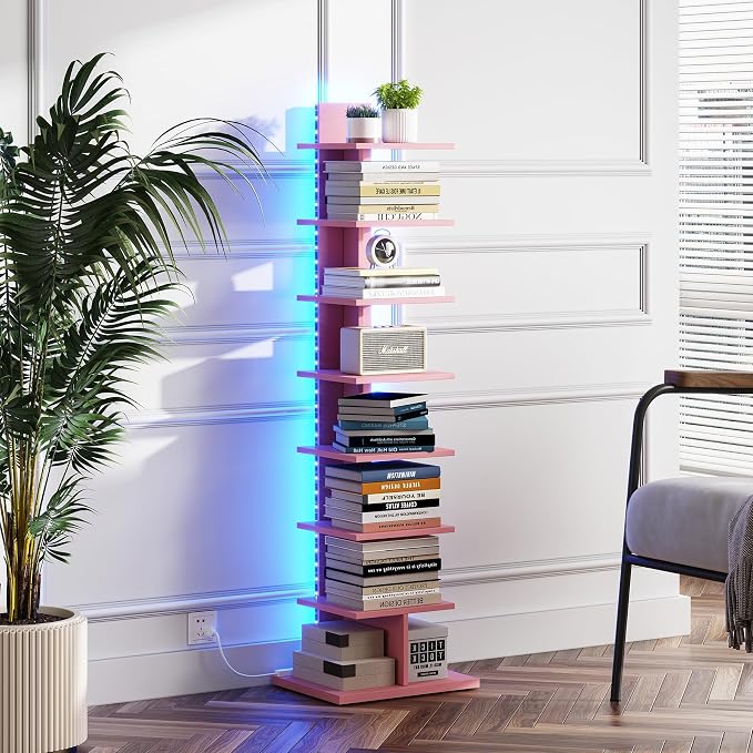 TUTOTAK Book Shelf, Narrow Spine Bookshelf, 8-Tier Bookcase with LED Lights | 10.4 x 13.4 x 47.5 Inches Vertical Freestanding Corner Shelf for Living Room, Office, Small Space, Pink BS06BP008L