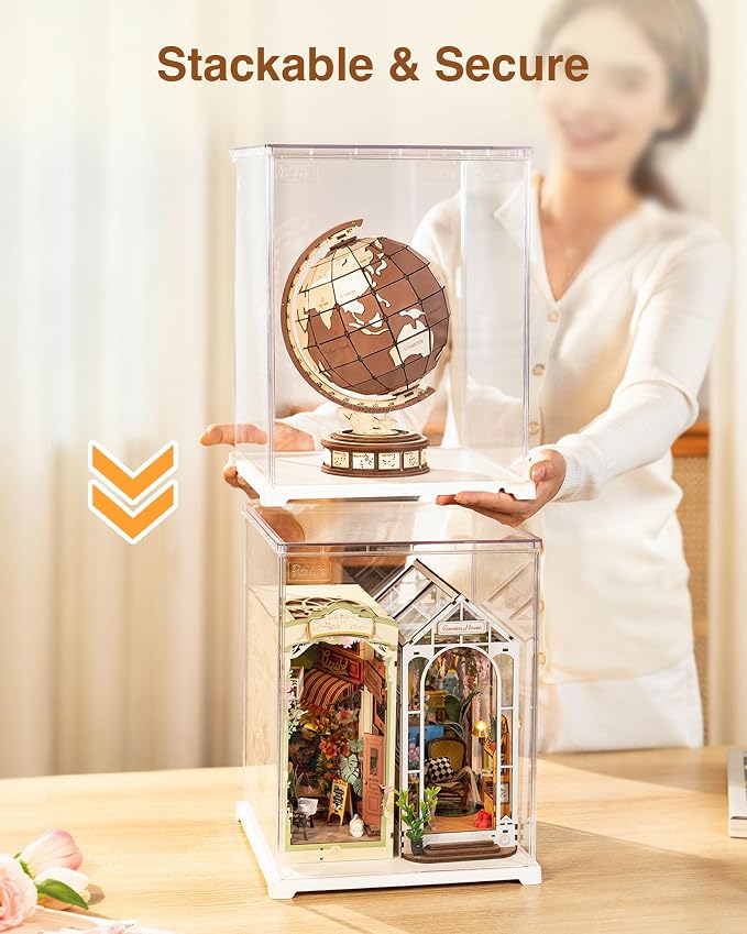 Rolife Acrylic Display Case for Miniature House and Collectibles, Clear Dust Cover Showcase with Door, Stackable Storage Box with White Base for Book Nook(9.1x9.1x11.5in)