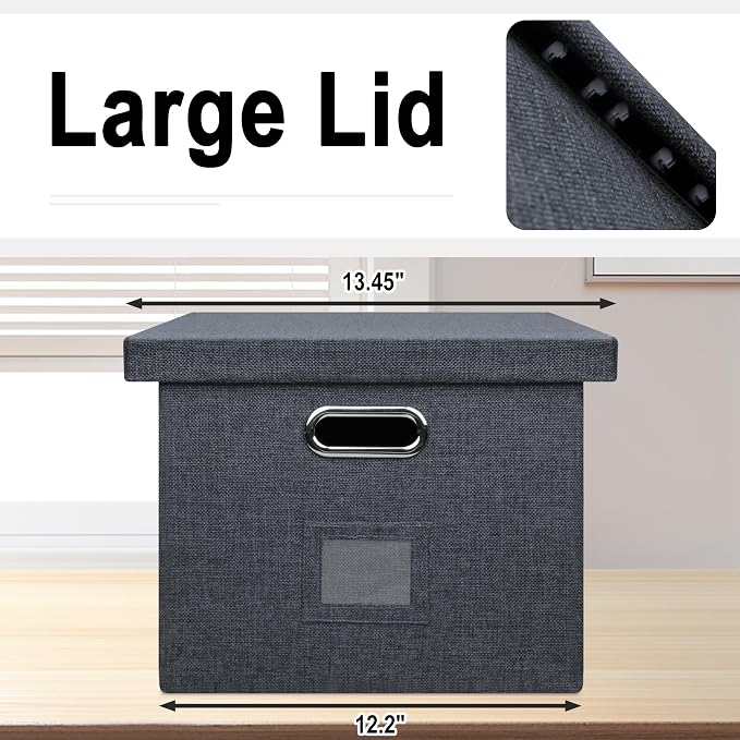 Storage Bins With Lids Office Organization File Folder Organizer Boxes | Dark Gray, 4 Pack, 15.1" * 12.2" * 10.04", Built-In Handle, Collapsible, Stackable, Dustproof, Linen Fabric, Cardboards