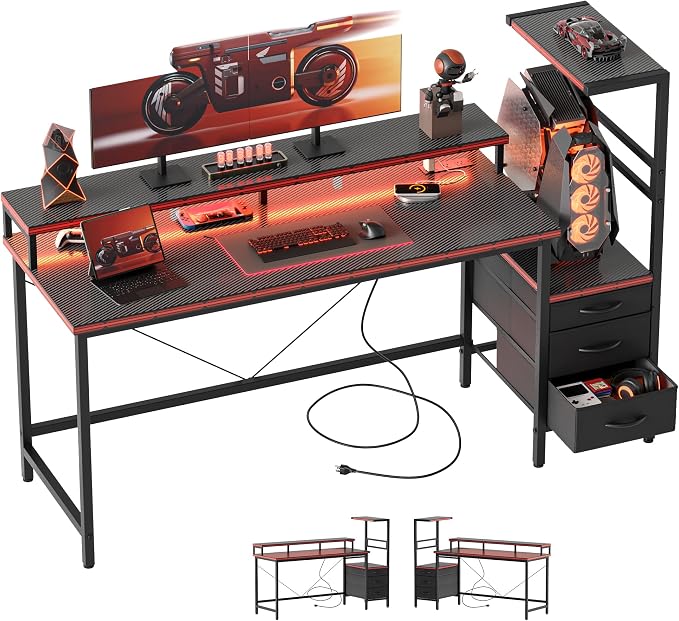 52 inch Gaming Desk with Drawers, Reversible Computer Desk, Black | Gamer Desk with LED Lights, Power Outlets & Monitor Stand, Large Office Table for Home Bedroom Study Work Writing