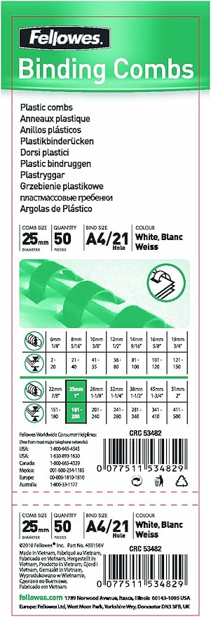 Fellowes A4 25 mm Plastic Binding Combs for Comb Binding Machine, Binds 181 to 200 Pages, White, Pack of 50