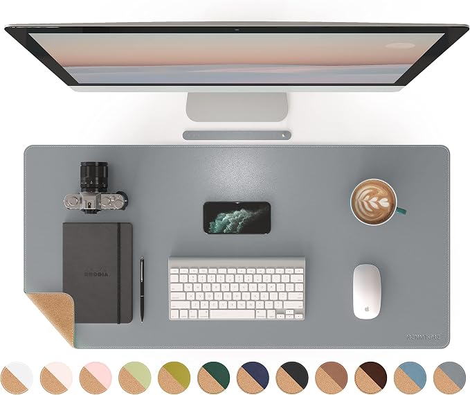 RENMTURE Dual-Sided Mouse Pad, Natural Cork & PU Leather Large Desk Pad for Office and Home Work, Desk Protector Non-Slip, Waterproof, Easy Clean (Gray, 36"x17")