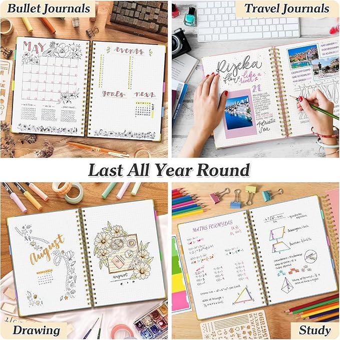 Bullet Dotted Journal Spiral Notebook, 300 Pages Leather Notebooks with Contens, 120 GSM Thick No Bleed Through Paper Journals, A5 Dot Grid Notebook for Women Men Work Writing, 5.5" x 8", Light Blue