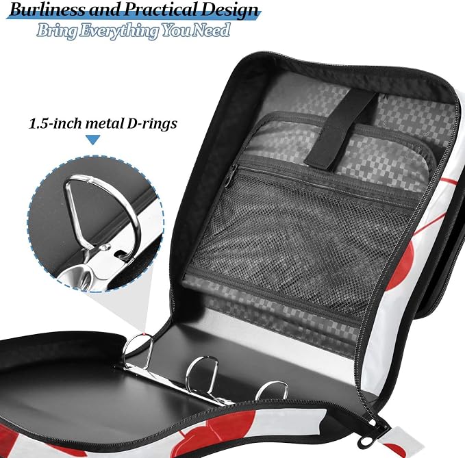 3 D-Ring Zipper Binder Bag, Cherry Red Bow Pattern White Removable Binder with Zipper Case Hold 300+ Sheets& 13 Inch Laptop for School Office Supplies Organizer