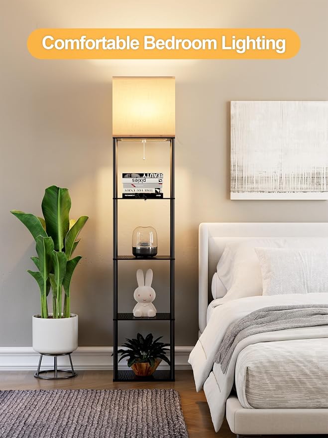 Large Floor Lamp with Shelves, 5-Tier Tall Floor lamp with for Living Room, Shelf Floor Lamp with 3 CCT LED Bulb, Corner Display Standing Column Lamp, Etagere Organizer Tower Nightstand for Bedroom