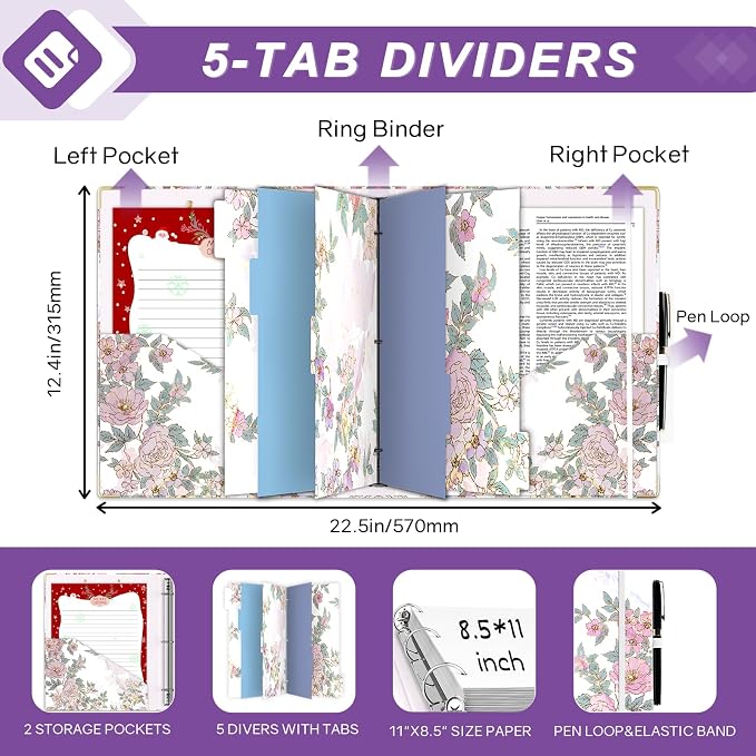 EYROZILL 3 Ring Binders 1 Inch 8.5" x 11", Aesthetic 3 Ring Binder with Pockets, Dividers, Clipboard, Binder for Appointment Record, Healthcare Organizer (Pear Blossom)