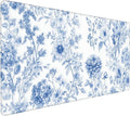 Floral Aesthetic Dahlia Gaming Mouse Pad, White Blue Chinoiserie Desk Mat with Anti-Slip Base & Stitched Edges,35.4" x 15.7" in Table Mat for Computer Desktop, Beautiful Workstation Decor