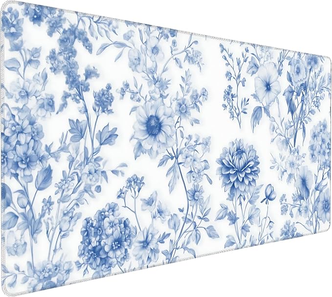 Floral Aesthetic Dahlia Gaming Mouse Pad, White Blue Chinoiserie Desk Mat with Anti-Slip Base & Stitched Edges,35.4" x 15.7" in Table Mat for Computer Desktop, Beautiful Workstation Decor