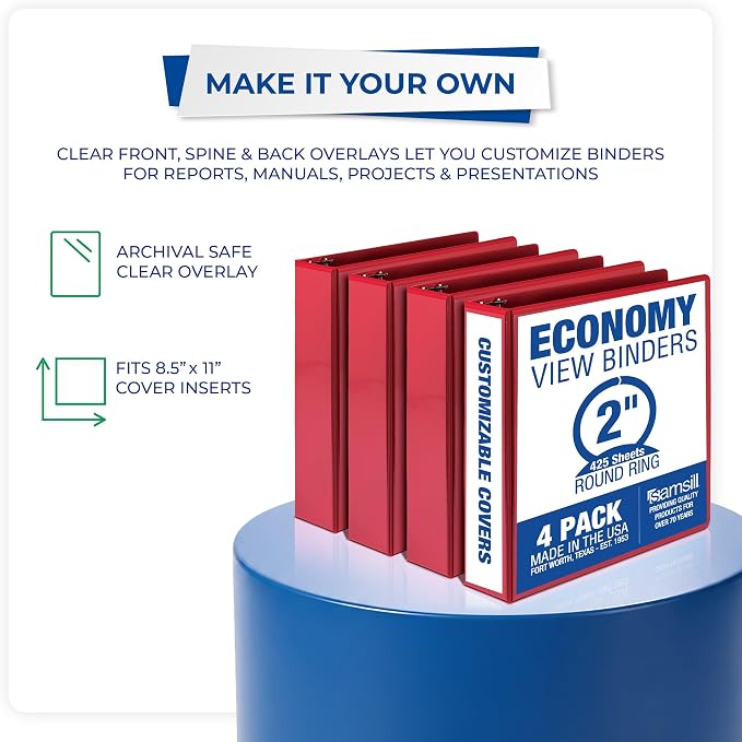 Samsill 2 Inch 3 Ring Binders, Economy Round Ring, Clear View Cover, 425 Sheet Capacity - for School, Home, Office - Red, 4 Pack