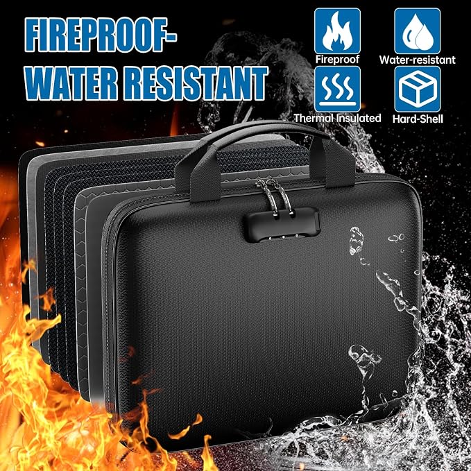 Fireproof Binder Organizer with 20 Pack Binder Pockets & Lock,Black | Important Document Box with Zipper,Water Resistant Hard Case, Portable Home Office Safe Storage Protection for Letter Size