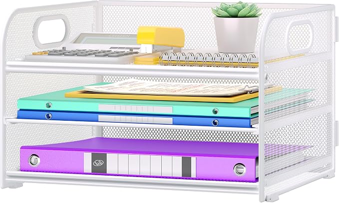 Cawukege 3 Tier Paper Organizer with Handle, Metal Desk Organizer Mesh Paper Letter Tray Desktop File Folder Document Sorter for Classroom, School, Office Accessories Storage (1, White)