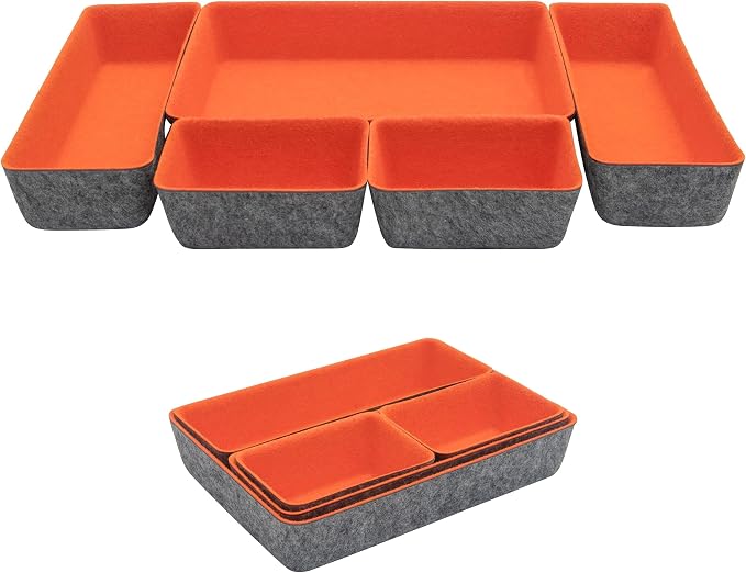Teeo - Drawer Dividers Organizers - Makeup Trays for Vanity - Drawers Organizer - Office Drawer Organizer - Home Office Desk Cosmetic Bins Dividers Box Compartment Organization - Pack of 5, Orange