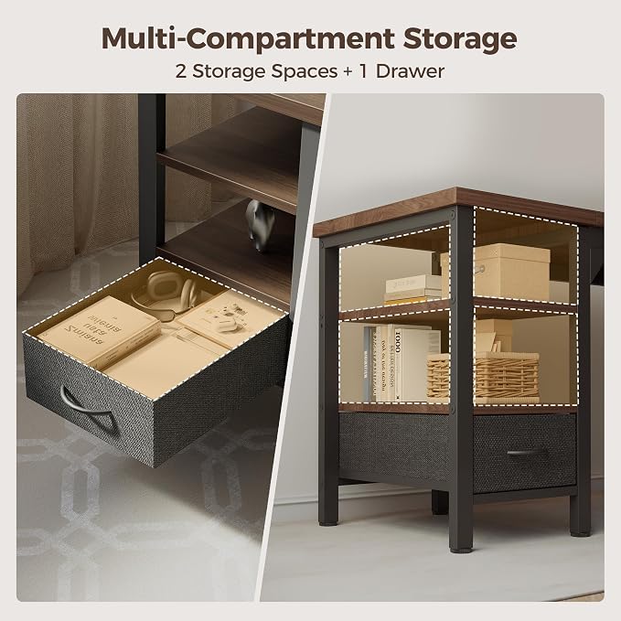 48" Computer Desk with Drawer, 1.2" Thick Reversible Office Desk | Modern Writing Table with Power Outlets & Storage Shelves, Heavy Duty Industrial Study Desk for Home Bedroom Work