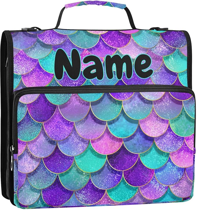 Custom Pink Blue Purple Mermaid Scales 3 Ring Binder Bag 1.5 inch Personalized Name Binder Organizer 500 Sheet Documents Storage for School Office