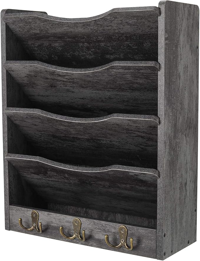 5-Tier Wall File Holder Hanging Mail Organizer Wood Magazine Literature Rack with 6 Hooks, Dark Gray