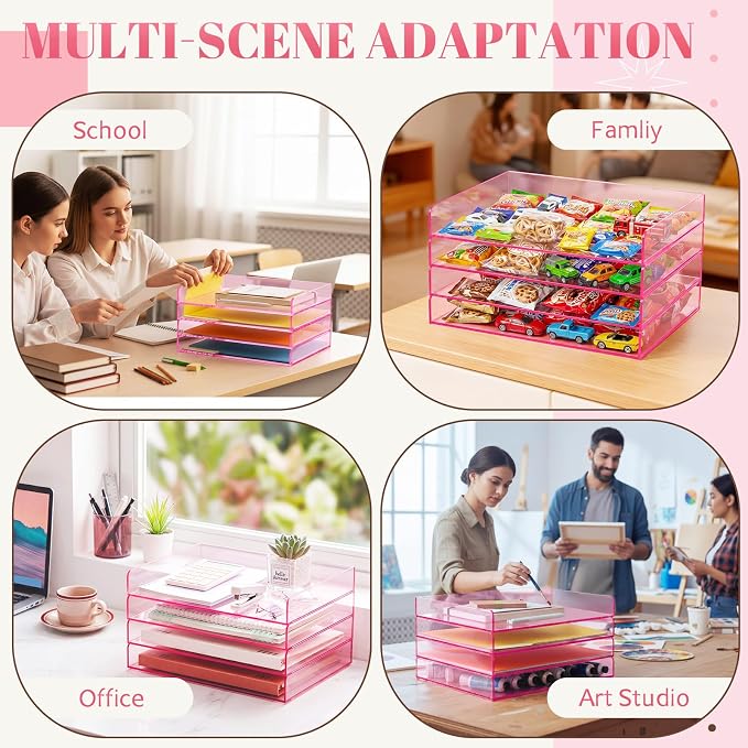 Harloon 4 Tier Clear Hot Pink Acrylic Paper Organizer Letter Tray, Aesthetic Stackable Low Profile Desk File Organizer Modern Heavy Duty Paper Holder Tray for A4, Office Home File Pad Books Notes