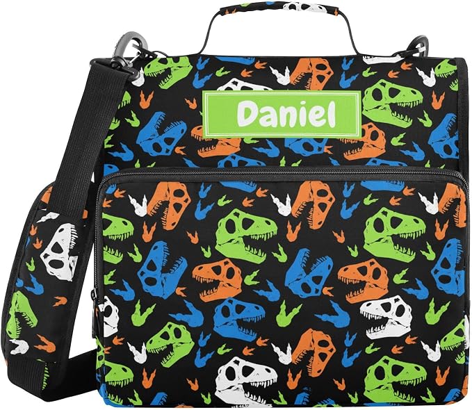Custom Dinosaur Skull Black Print 3 Ring Zipper Binder with Shoulder Strap & Handle 1.5 Inch D-Ring Zippered Bag with Multiple Pocket, Personalized Binder Organizer for School or Office