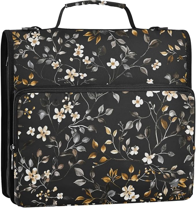 ALAZA Zipper Binder 3 Ring Vintage Flowers Binder Organizer with Zipper and Shoulder Strap Large Capacity Multi-Pocket Trapper Keeper File Folder for Office Supplies
