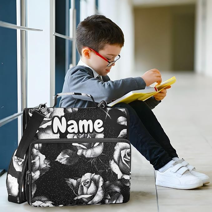 Custom Black and White Roses 3 Ring Binder Bag 1.5 inch Personalized Name Binder Organizer 500 Sheet Documents Storage for School Office
