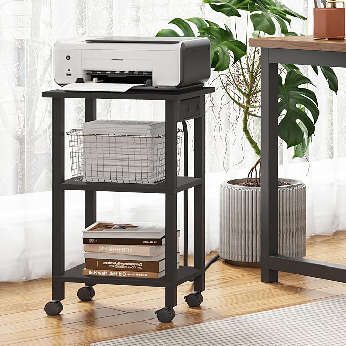 TUTOTAK Printer Stand, 3 Tier Rolling Printer Cart with Charging Station | Small Under Desk Printer Table with Wheels for Small Space, Office, Home, Black PS01BK001