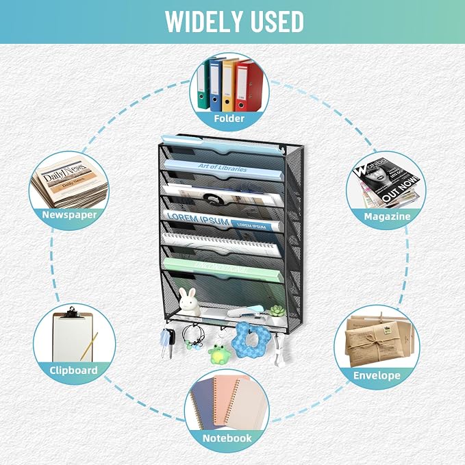 7-Tier Wall File Organizer with 5 Hooks, Wall Mounted Mail Organizer | File Holder Organizer, Metal Mesh Office Wall Organizer for Home, School & Classroom