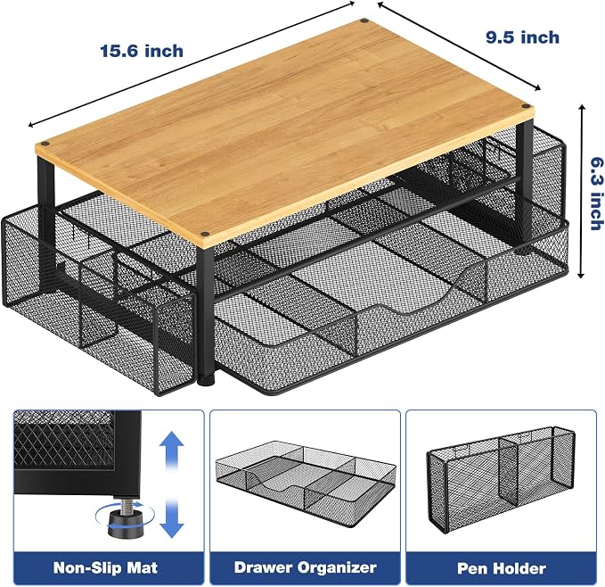 Desk Organizers and Accessories, Computer Monitor Stand Riser with Drawer and 2 Pen Holders, Printer & Laptop Stand, Office Desk Accessories & Workspace Organizers for Home Office Supplies, Oak