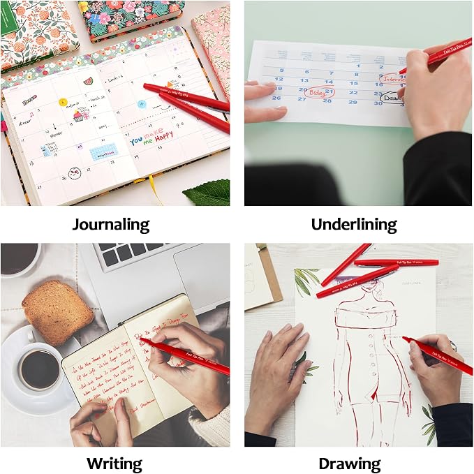 Lelix Felt Tip Pens, 40 Red Pack, 0.7mm Medium Point, Felt Tip Markers Pens for Journaling, Writing, Note Taking, Planner, Perfect for School Office and Art Supplies