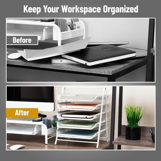 Mind Reader 5-Tier Paper Tray Organizer, White | Vertical Desktop File Storage Rack, Office, Metal Mesh