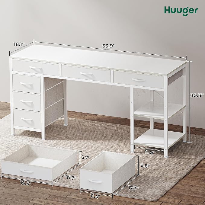 Huuger Computer Desk with 6 Drawers, Office Desk with Shelves, Reversible Gaming Desk, Corner Desk with Storage, Work for Home Office, Study, Living Room, 54inch, White
