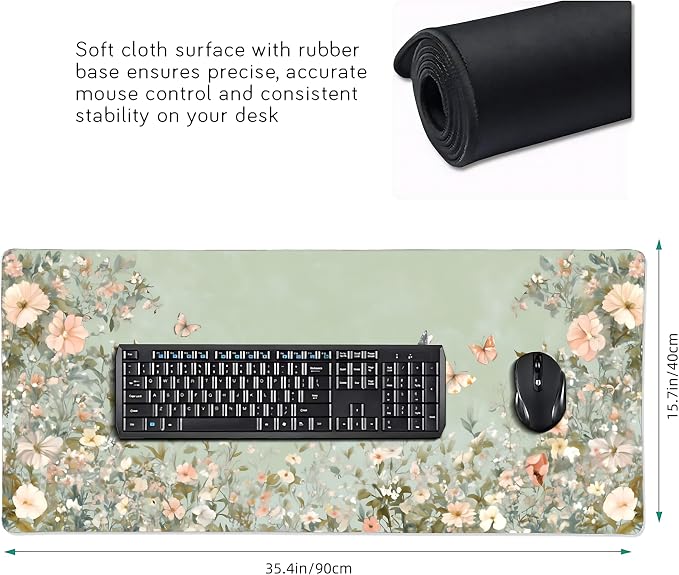 Cute Floral Aesthetic Wildflower Gaming Mouse Pad, Sage Green Macaron Desk Mat with Anti-Slip Base & Stitched Edges, Office & Home Desk Decor for Women, 35.4" x 15.7" in Computer Desktop Mat