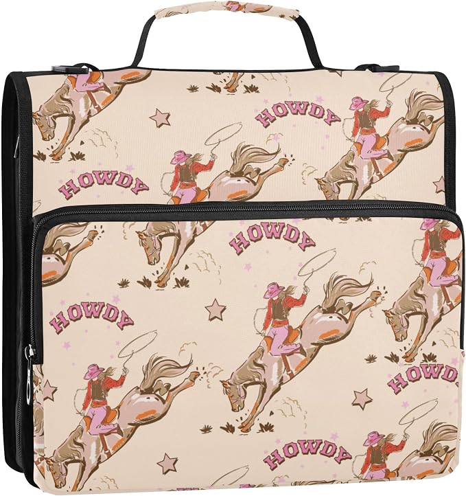 Fisyme Cowgirl Western Vintage Zipper Binder 3 Ring with Zipper and Shoulder Strap Large Capacity Multi-Pocket Zipper Binder Organizer